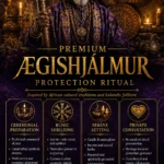 Ægishjálmur Djinn Protection Spell - Premium Ægishjálmur Djinn Protection and Warding Spell flyer for clients in Hafnarfjörður and Akureyri featuring an ancient African spiritual guardian and the symbolic Icelandic Helm of Awe runic staves.