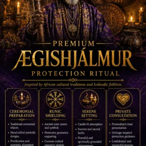 Ægishjálmur Djinn Protection Spell - Premium Ægishjálmur Djinn Protection and Warding Spell flyer for clients in Hafnarfjörður and Akureyri featuring an ancient African spiritual guardian and the symbolic Icelandic Helm of Awe runic staves.