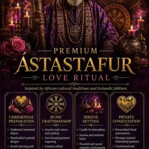 Djinn Love Binding Ritual - Bespoke Ástastafur Djinn Love Binding Ritual flyer for clients in Reykjavík and Kópavogur featuring an ancient African spiritual guardian and the symbolic Icelandic Love Staff runic staves.