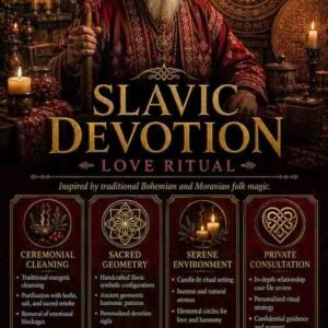Slavic Devotion Djinn Love Ritual - Bespoke Slavic Devotion Djinn Love Ritual flyer for clients in Prague and Brno featuring an ancient spiritual elder and traditional Bohemian folk magic elemental circles.