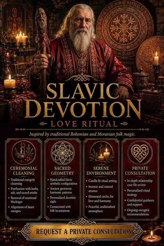 Slavic Devotion Djinn Love Ritual - Bespoke Slavic Devotion Djinn Love Ritual flyer for clients in Prague and Brno featuring an ancient spiritual elder and traditional Bohemian folk magic elemental circles.