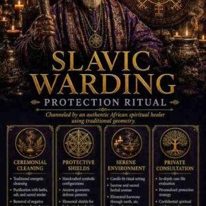 Slavic Warding Djinn Protection Spell - Custom Slavic Warding Djinn Protection Spell flyer for clients in Ostrava and Brno featuring an authentic African traditional healer and protective folk magic elemental circles.
