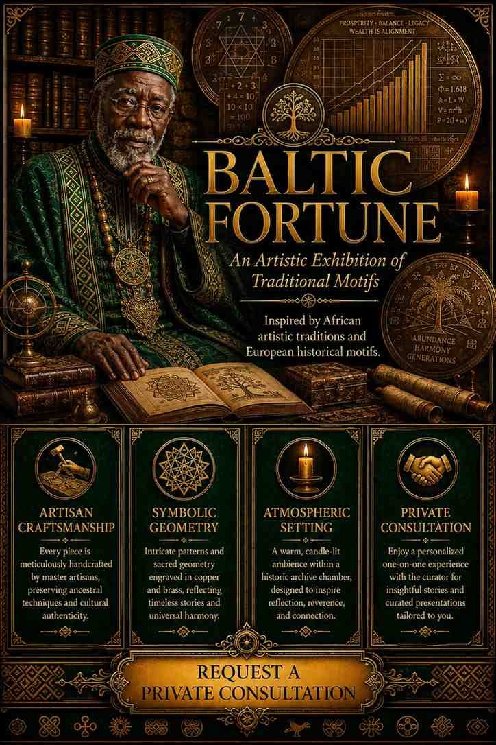 Premium Baltic Fortune Djinn Wealth Ritual flyer for clients in Aarhus and Copenhagen featuring an authentic African traditional healer and traditional folk magic abundance circles.