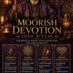 Bespoke Moorish Devotion Djinn Love Ritual flyer for clients in Lisbon and Cascais featuring an authentic African traditional healer and traditional folk magic elemental alignment circles.