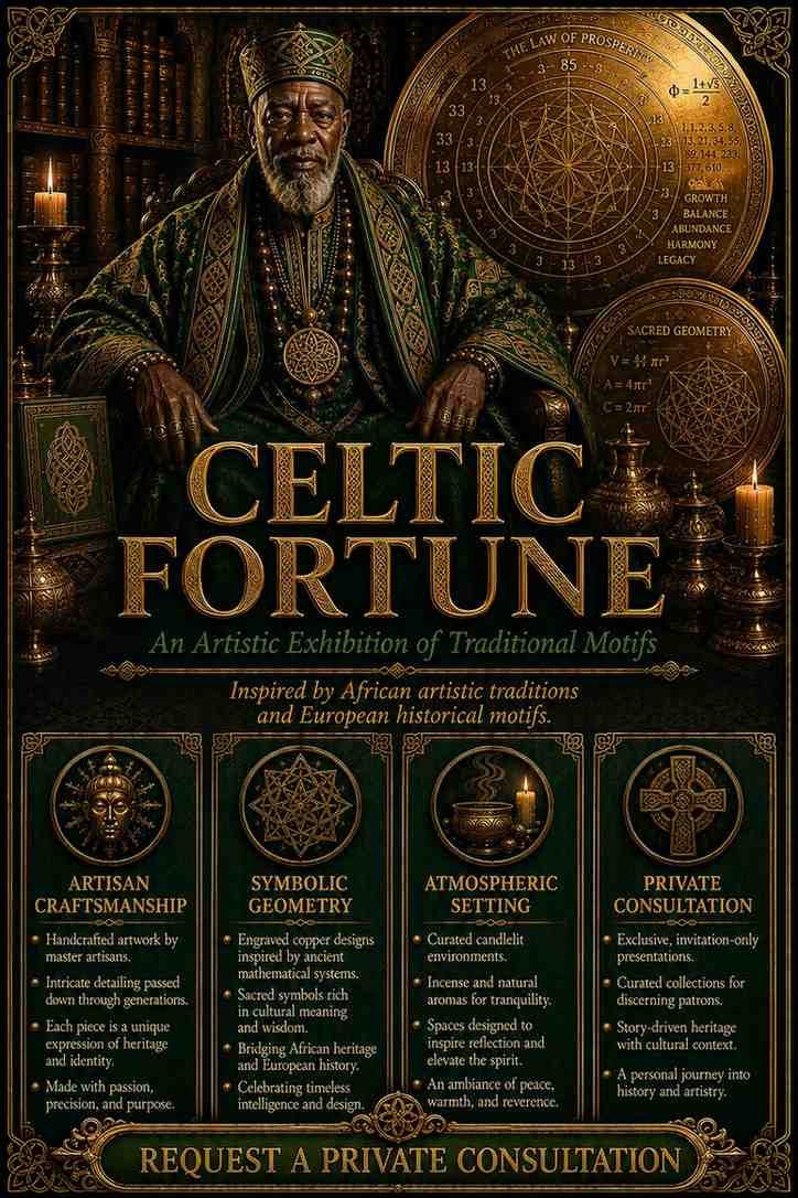 Premium Celtic Fortune Djinn Wealth Ritual flyer for clients in Cork and Dublin featuring an authentic African traditional healer and traditional folk magic abundance circles.