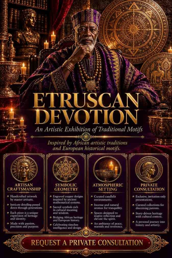 Bespoke Etruscan Devotion Djinn Love Ritual flyer for clients in Milan and Rome featuring an authentic African traditional healer and traditional folk magic elemental alignment circles.
