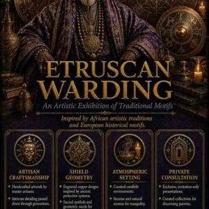 Custom Etruscan Warding Djinn Protection Spell flyer for clients in Florence and Rome featuring an authentic African traditional healer and protective folk magic elemental circles.
