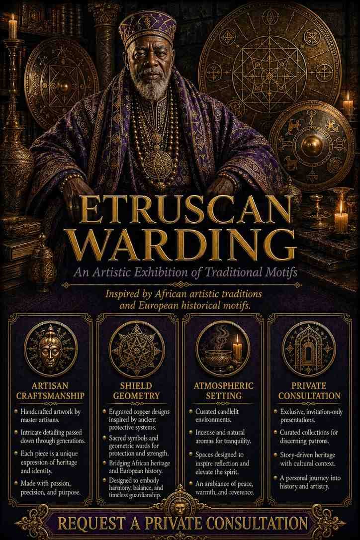 Custom Etruscan Warding Djinn Protection Spell flyer for clients in Florence and Rome featuring an authentic African traditional healer and protective folk magic elemental circles.