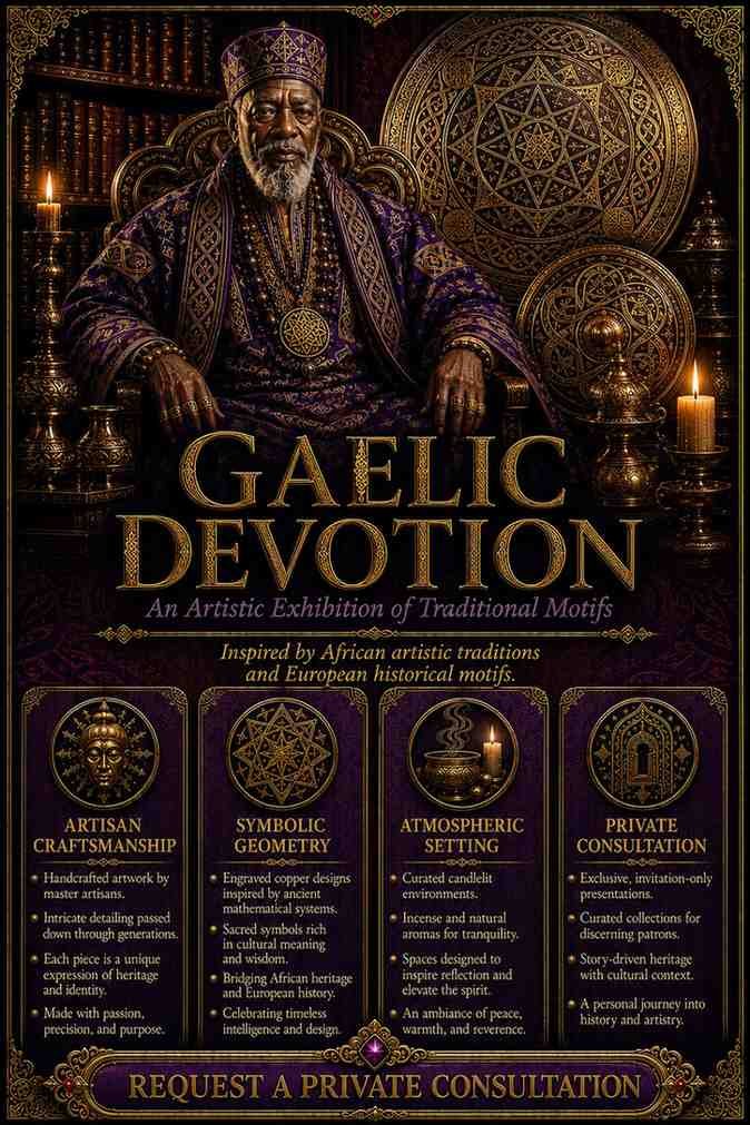 Bespoke Gaelic Devotion Djinn Love Ritual flyer for clients in Dublin and Malahide featuring an authentic African traditional healer and traditional folk magic elemental alignment circles.