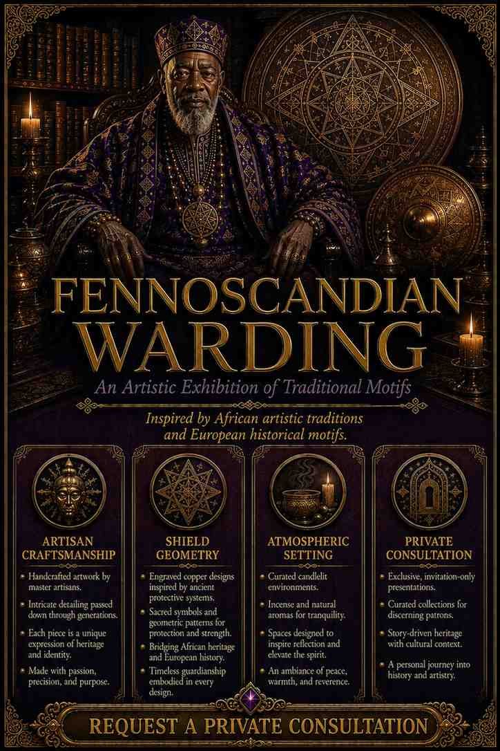 Custom Fennoscandian Warding Djinn Protection Spell flyer for clients in Kauniainen and Helsinki featuring an authentic African traditional healer and protective folk magic elemental circles.