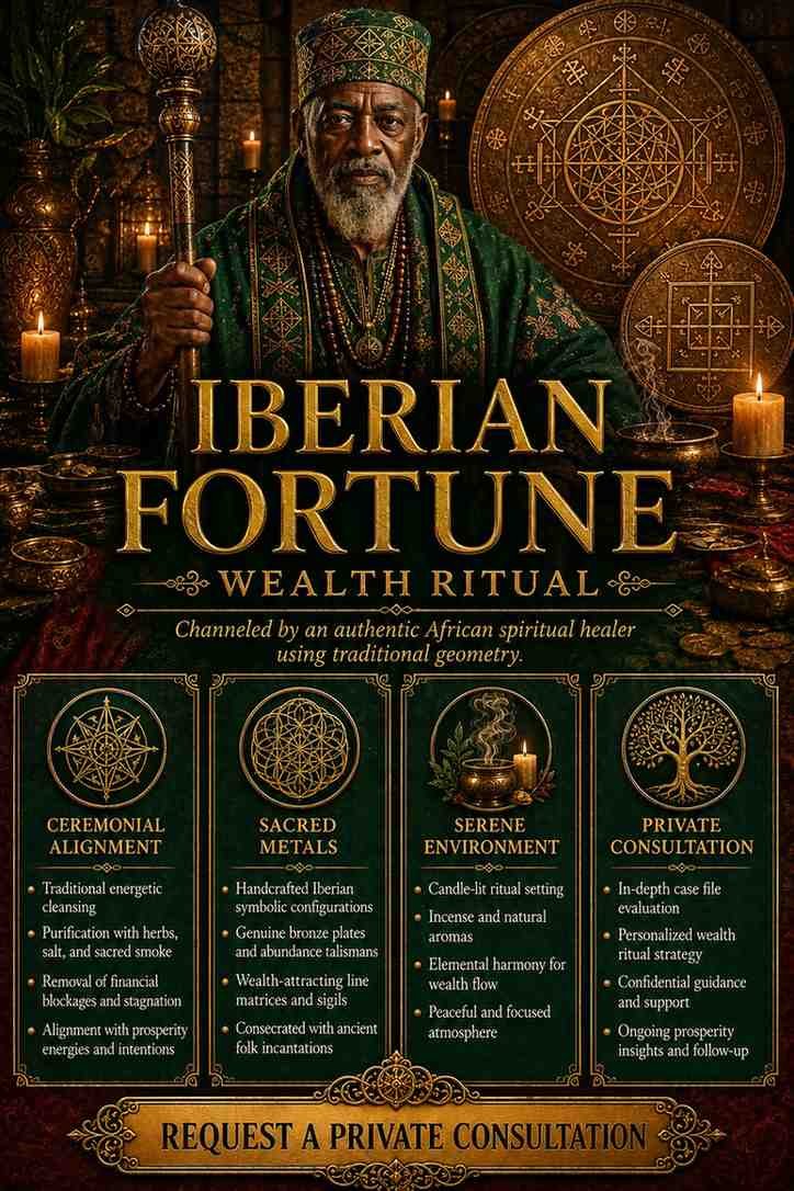 Premium Iberian Fortune Djinn Wealth Ritual flyer for clients in Porto and Lisbon featuring an authentic African traditional healer and traditional folk magic abundance circles.