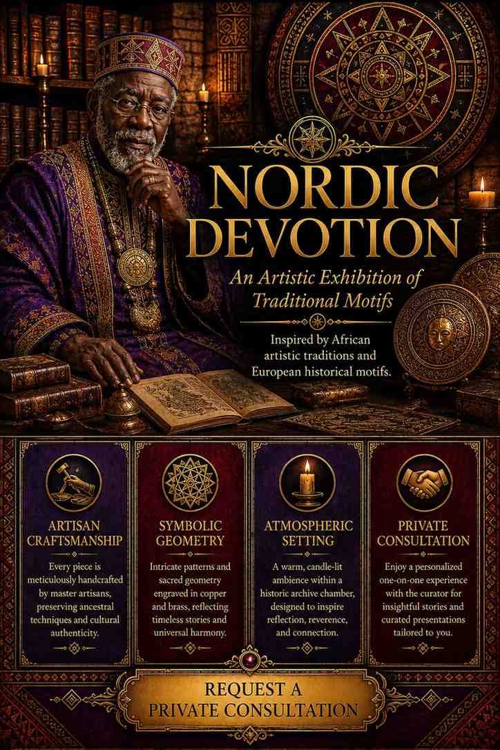 Bespoke Nordic Devotion Djinn Love Ritual flyer for clients in Copenhagen and Gentofte featuring an authentic African traditional healer and traditional folk magic elemental alignment circles.