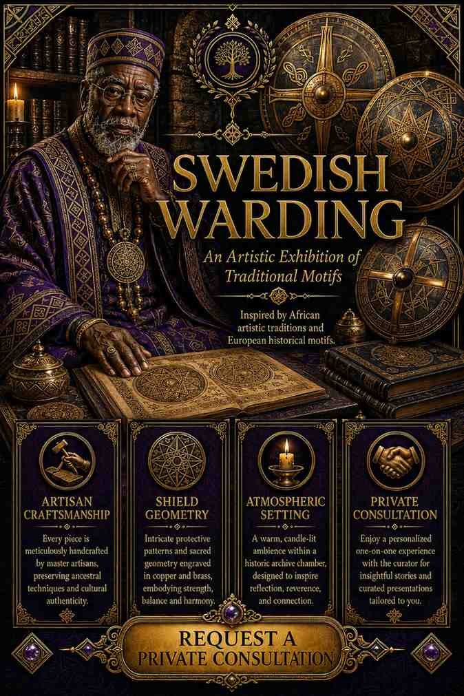 Custom Swedish Warding Djinn Protection Spell flyer for clients in Malmö and Danderyd featuring an authentic African traditional healer and protective folk magic elemental circles.