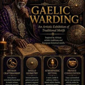 Custom Gaelic Warding Djinn Protection Spell flyer for clients in Galway and Malahide featuring an authentic African traditional healer and protective folk magic elemental circles.