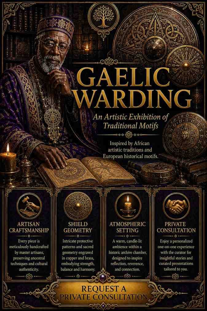 Custom Gaelic Warding Djinn Protection Spell flyer for clients in Galway and Malahide featuring an authentic African traditional healer and protective folk magic elemental circles.