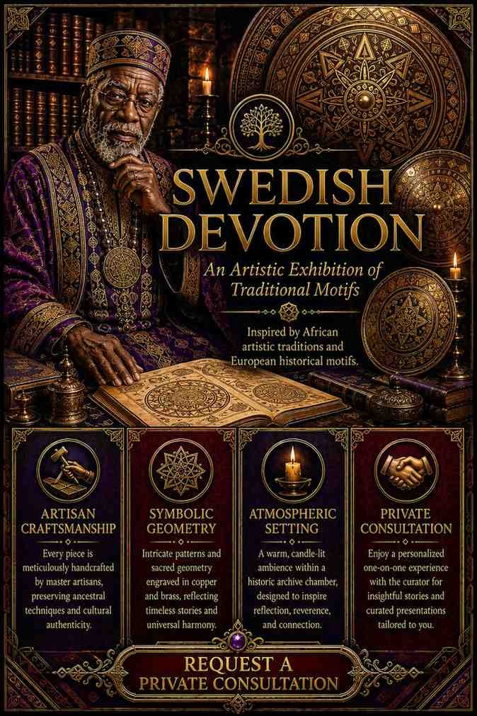 Bespoke Swedish Devotion Djinn Love Ritual flyer for clients in Stockholm and Danderyd featuring an authentic African traditional healer and traditional folk magic elemental alignment circles.